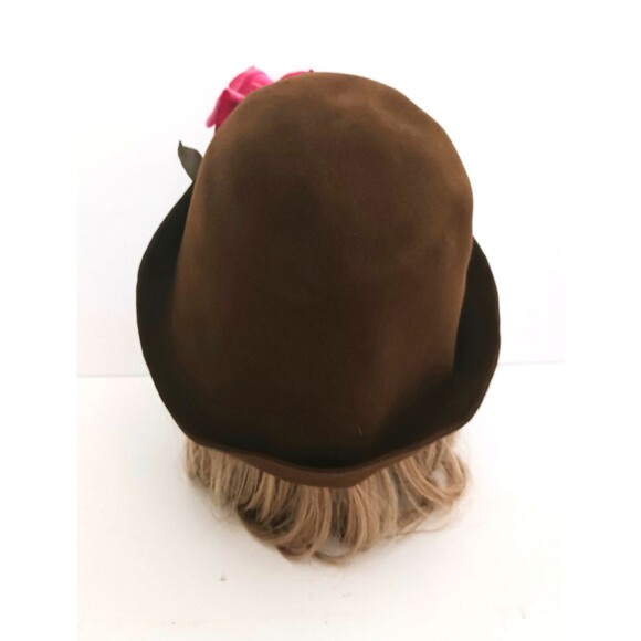 Lylia Giraldo Chocolate Brown Felt Wool Cloche Hot Pink Flower M/L main image 4
